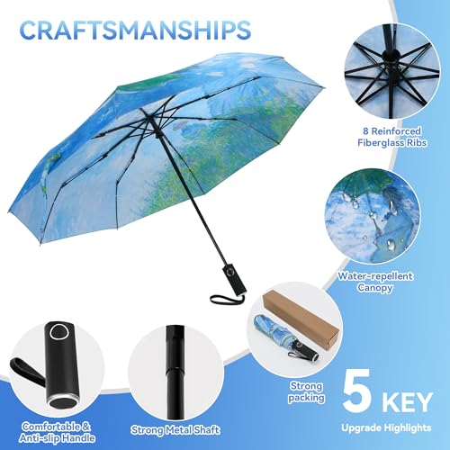 Van Gogh Folding Umbrella, Travel Umbrella with Starry Night Design, Auto Open & Close - Portable Compact Umbrella - Lightweight & Packable for Women & Men - color: Woman with a Parasol