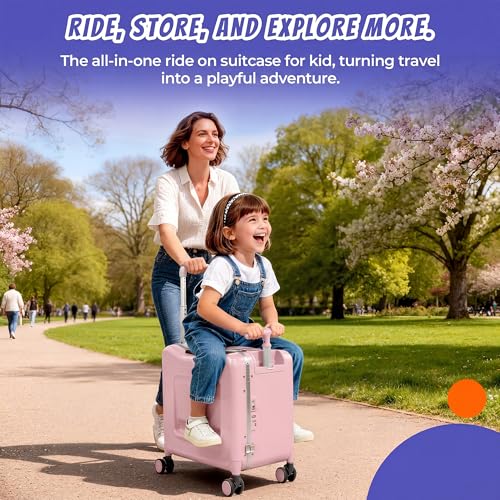 20" Ride-On Suitcase for Kids Lightweight Carry-On Luggage with Detachable Seat&Dual Telescoping Handles&360°Silent Spinner Wheels & TSA Lock - color: Pink