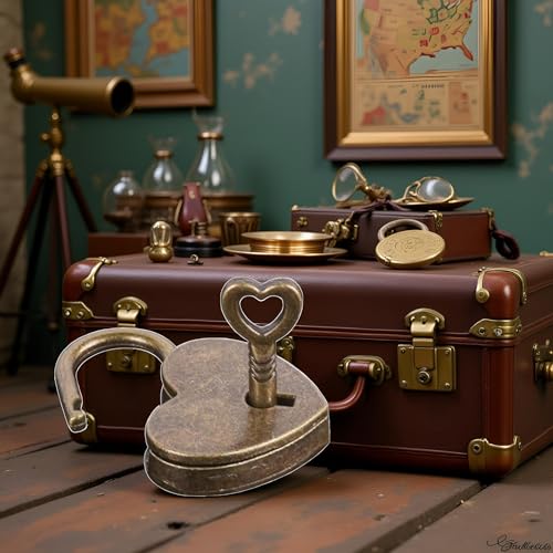 Lock Antique Brass Padlock with Key, Mini Bronze Vintage Heart Shape Anti-Theft Mini Padlock, Metal Heart Shaped Archaize Style, Travel Suitcase Luggage, Keyed, Hasps