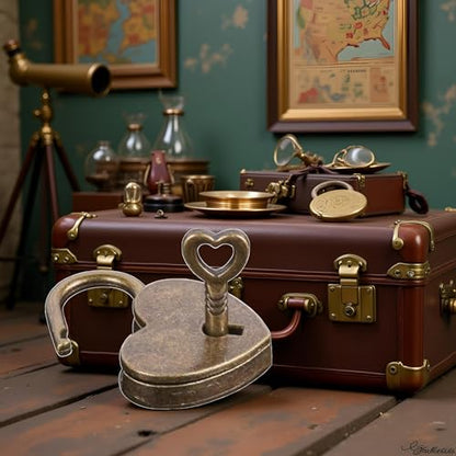 Lock Antique Brass Padlock with Key, Mini Bronze Vintage Heart Shape Anti-Theft Mini Padlock, Metal Heart Shaped Archaize Style, Travel Suitcase Luggage, Keyed, Hasps