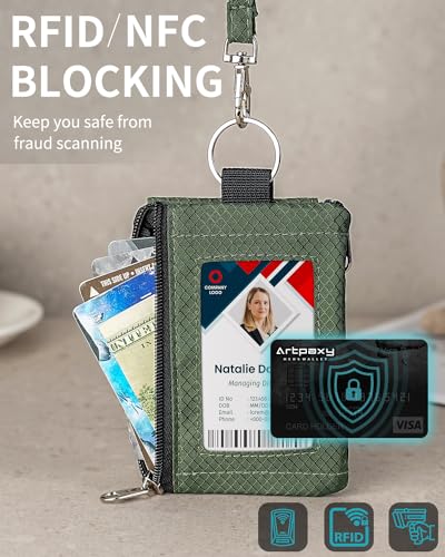 Artpaxy Minimalist Wallet For Mens Womens, Keychain RFID Blocking Zipper Small Wallet with ID Window 2 Lanyards,Water Resistant Travel Cash Card Coin Case Boys Girls - color: Army Green