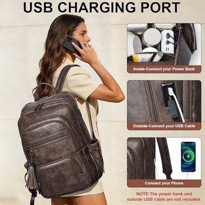 Shrrie 17 Inch Faux Leather Laptop Backpack for Women with Large Cup Holder - color: Chocolate