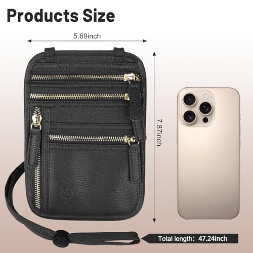 Neck Wallet for Traveling Women Men, RFID Blocking Leather Travel Pouch - color: Raven Black