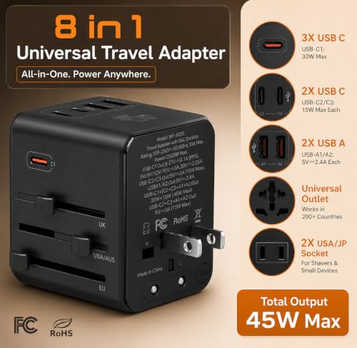 Compact Travel Adapter Europe & Power adapters for International Travel, UK, US, EU and 200+ Countries with Fast USB-C & USB-A Charging