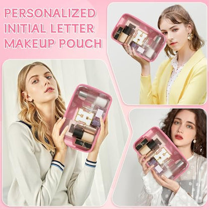 Initial Clear Makeup Bag, Birthday Gift Chenille Patch Cosmetic Bag - color: Pink, size: H