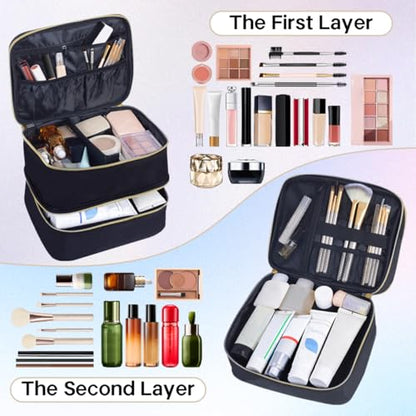 Double Layer Makeup Bag with Adjustable Dividers, Black - color: Black
