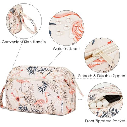 Narwey Travel Makeup Bag Toiletry Bag, Wide Open Cosmetic Bag for Women - color: B-Beige Flamingo, size: Small