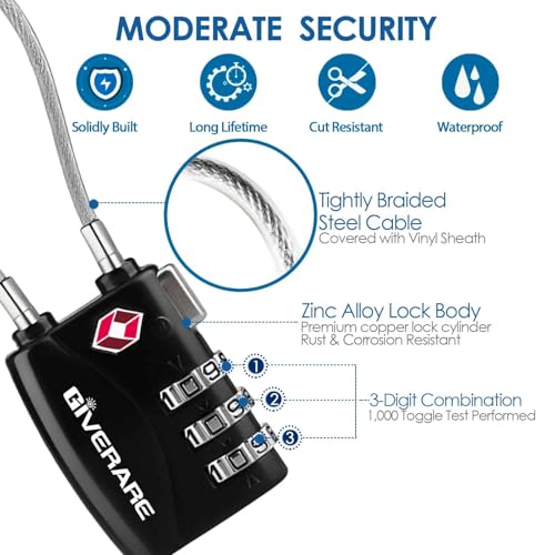 2 Pack TSA Approved Travel Luggage Locks, Long Cable Combination Lock Alloy, Metal Keyless 3-Digit Padlocks, Weatherproof TSA Accepted Padlock for Toolbox Gym Locker Golf Bag Case Backpack-Black - color: Black