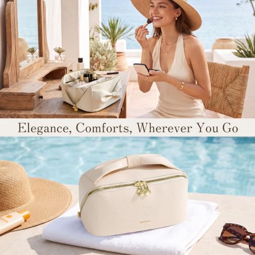 SHOWKOO Cosmetic Bag for Women, WideOpen Travel Makeup Bag with Compartment - color: Beige