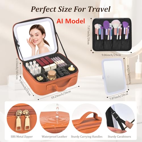 Travel Makeup Bag with Mirror & 8 Adjustable EVA Dividers, Camel - color: Camel-8 Dividers