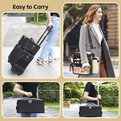 TANTO Rolling Makeup Train Case, Makeup Bag with 7 Pouches & Brush Holder - color: 04-Black（2 in 1） +Brush Bag