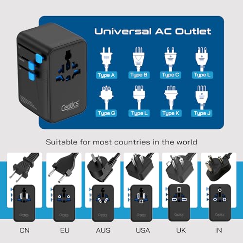 Ceptics Universal Travel Adapter, GAN 140W, 4 USB Ports & 2 Input sockets - color: Black/Blue