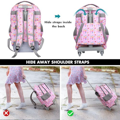 Tilami Rolling Backpack for Kids 18 Inch Wheeled Bookbag for Boys & Girls for School & Travel,Pink Girl - color: Pink