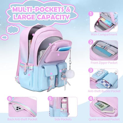 ACESAK 3PCS Teen Girls Backpack with Lunch Bag Set&USB Charging Port - color: Pink-to-blue Gradient