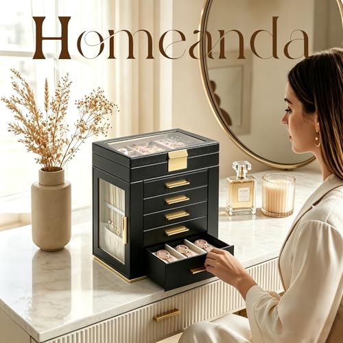 Homeanda Jewelry Boxes with Glass Lid, 6-Layer Large PU Leather, Black - color: Black, size: 6 Layer