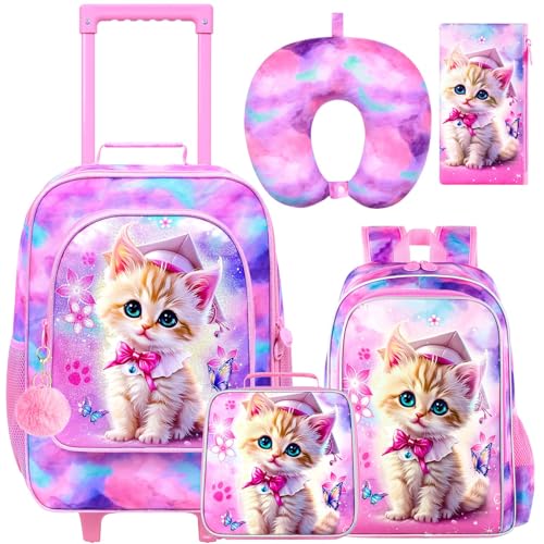 Kids Suitcase with Wheels for Girls and Boys, Rolling Carry on Luggage for Toddler Children - color: UV Printing 5PC Dr. Cat Kids Luggage