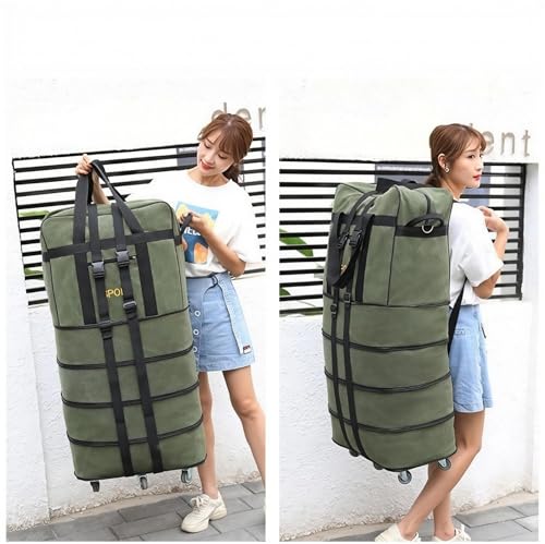 Expandable Extra Large Travel Oxford Duffel Bag with Wheels - color: Green Canvas, size: XL - 6 wheels