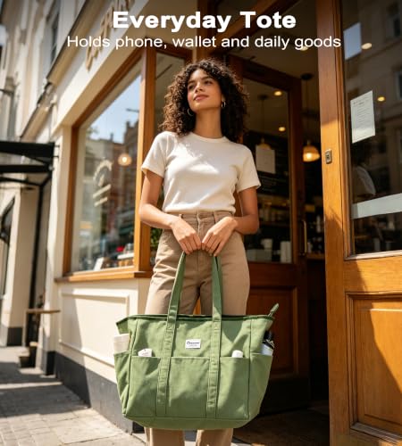 Oceanae Large Canvas Tote with Zipper for Women Men, Beach Travel Totes Work Bag - color: Matte Black