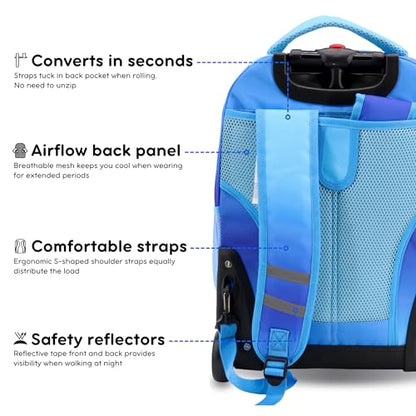 J World Sunrise Kids Rolling Backpack with Wheels for Girls Boys, Roller Bookbag for School, 18 x 13 x 9 Inches, Blue Gradient - color: Blue Gradient