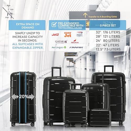 5-Piece Luggage Set Expandable Hardside Polypropylene Suitcase Set with TSA Locks & 8 Silent Spinner Wheels Lightweight Nested Suitcases Travel Set American Airline-Approved Carry-On - Black - color: Black, size: 5-Piece Set