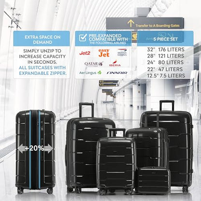 5-Piece Luggage Set Expandable Hardside Polypropylene Suitcase Set with TSA Locks & 8 Silent Spinner Wheels Lightweight Nested Suitcases Travel Set American Airline-Approved Carry-On - Black - color: Black, size: 5-Piece Set