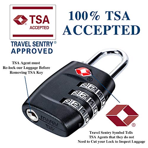 TSA Luggage Locks (4Pack) - 3 Digit Combination Padlocks - Approved Travel Lock for Suitcases & Baggage (Black) - color: Black