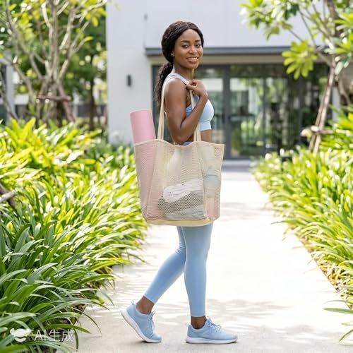 Mesh Beach Tote Bag for Women, Sandproof Quick Dry Foldable Travel Bag - color: White