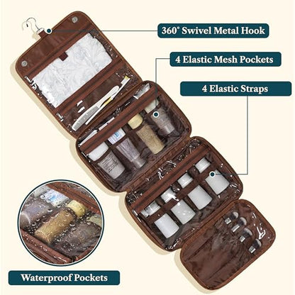 PAVILIA Hanging Toiletry Bag for Women Men, Travel Organizer, Dark Brown - color: Dark Brown
