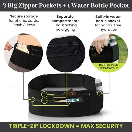 StashBandz Running Belt & Money Belt, 3 Zippered Pockets, Phone Holder - size: Large