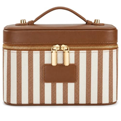 Makeup Bag Travel Toiletry Leather Cosmetic Case, Waterproof Makeup Organizer with Brush Holder, Wipe Clean Removable Divider Vanity Train Bag for Women, Caramel Brown - color: Caramel Brown