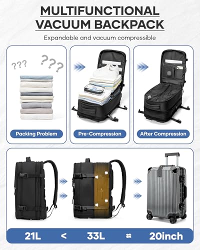 Vacuum Backpack Travel with Pump, Expanded Vacuum Travel Backpack for Women Men, Compression Carry On Luggage Personal Item Vacpack Backpacks Black - color: Black