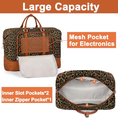 TIBES Travel Weekender Bag for Women, Overnight Bag with Shoe Compartment - color: Z-Olive Leopard