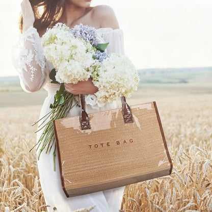 PVC Woven Tote for Women, Fits 16" Laptop, Crochet Style, Leak-Proof Lining, Top Handle&Zipper, Foldable for Travel