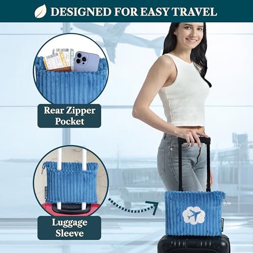 PAVILIA Travel Blanket and Pillow, Soft Ribbed Fleece Airplane, Teal Blue - color: Sea Blue