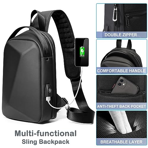 FENRUIEN Anti-Theft Crossbody Sling Backpack Bag for Men Hard Shell with USB, Shoulder Pack Lock Waterproof 10.2 inch Single Strap for Travel Hiking