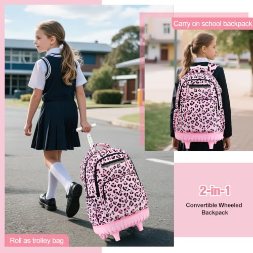 ACESAK Rolling Backpack for Girls with Lunch Bag & Pencil Pouch - color: Pink Leopard
