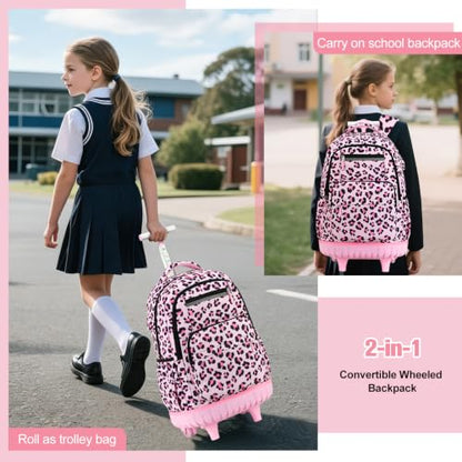 ACESAK Rolling Backpack for Girls with Lunch Bag & Pencil Pouch - color: Pink Leopard