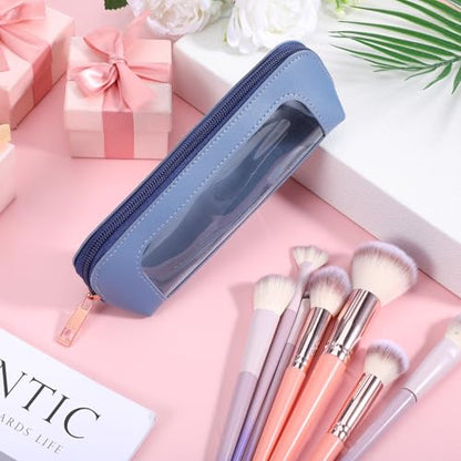 Small Makeup Brush Bag, Clear Portable PU Leather Makeup Pouch for Purse - color: Blue
