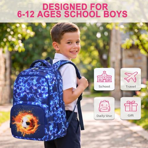 Boys Backpack Set 3PCS Ages 6-12, Kids School Backpack - color: Flame Soccer Blue