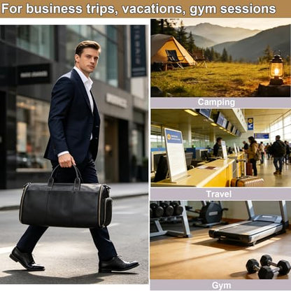 Full Grain Leather Duffel Bag for Men, 2-in-1 Garment Travel Bag with Shoe Compartment, Weekender Overnight Bag for Business Trip, Black - color: Y2a201FMY - Black