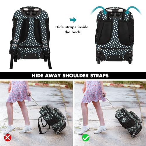 Tilami Rolling Backpack for Kids 19 inch with Lunch Bag Wheeled Laptop Backpack,Green dots - color: Green Dots