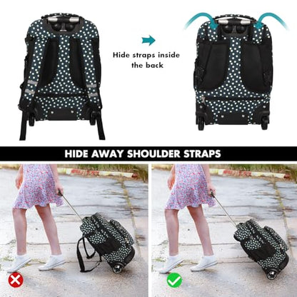 Tilami Rolling Backpack for Kids 19 inch with Lunch Bag Wheeled Laptop Backpack,Green dots - color: Green Dots
