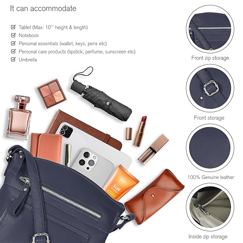 Genuine Leather Crossbody Bag For Women - Medium Cross Body Handbag Purse - color: Navy Smooth