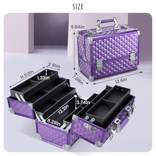 FRENESSA Makeup Train Case Makeup Case 12.6 Inch Large Cosmetic Box Organizer Travel Storage Professional Make Up Train Carrying Case with 6 Trays Locking Shoulder Strap Hard Vanity Storage Purple - color: Purple