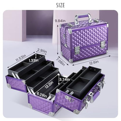 FRENESSA Makeup Train Case Makeup Case 12.6 Inch Large Cosmetic Box Organizer Travel Storage Professional Make Up Train Carrying Case with 6 Trays Locking Shoulder Strap Hard Vanity Storage Purple - color: Purple