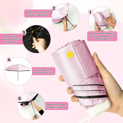Mini Travel Folding Umbrella - Small Compact Sun Retractable Umbrella with Case, Lightweight Portable UPF 50+ Rain UV Protection Windproof Parasol for Pocket Backpack Women Girls Lady - color: Pink