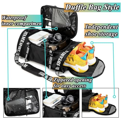 Gym Duffle Bag Backpack,4‑Way Waterproof with Shoe Compartment Travel Laptop - color: Black