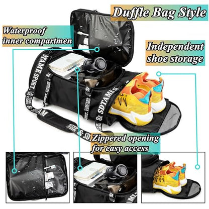 Gym Duffle Bag Backpack,4‑Way Waterproof with Shoe Compartment Travel Laptop - color: Black