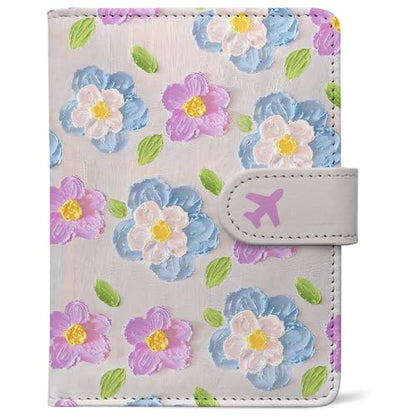 Passport Holder, Cute Travel Wallet Cover with RFID Blocking, | PU leather travel wallet with magnetic closure, card slots, pen loop, and easy access for passports and essentials. - color: E-Texture