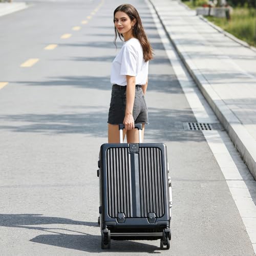 24 Inch Aluminum Frame Luggage with Front Pocket, Black - color: Black, size: 24 Inch
